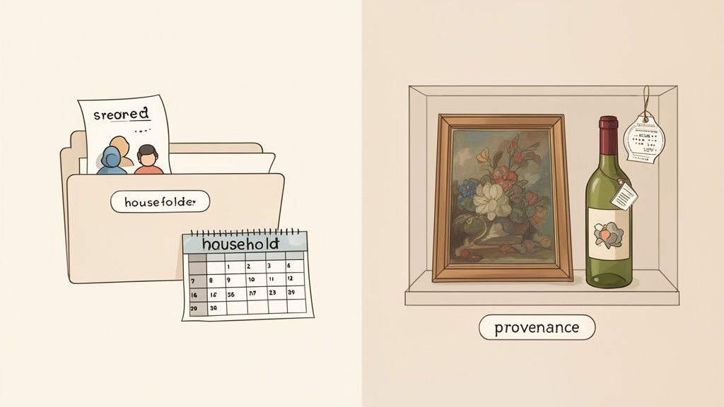An illustration showing household records, a calendar, a painting, and a wine bottle with labels about provenance.