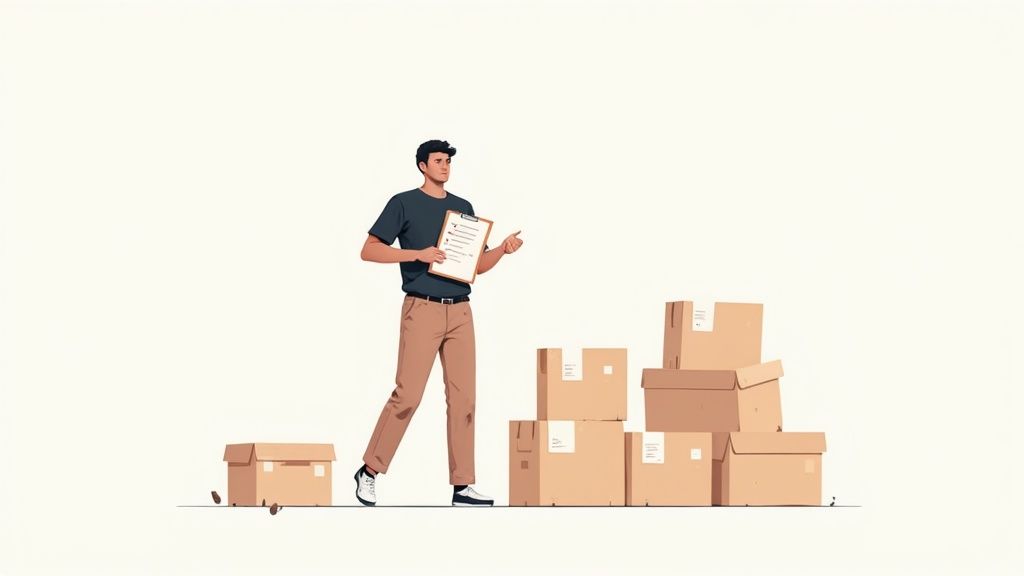 A man with a clipboard checking a moving inventory list next to stacks of cardboard boxes.