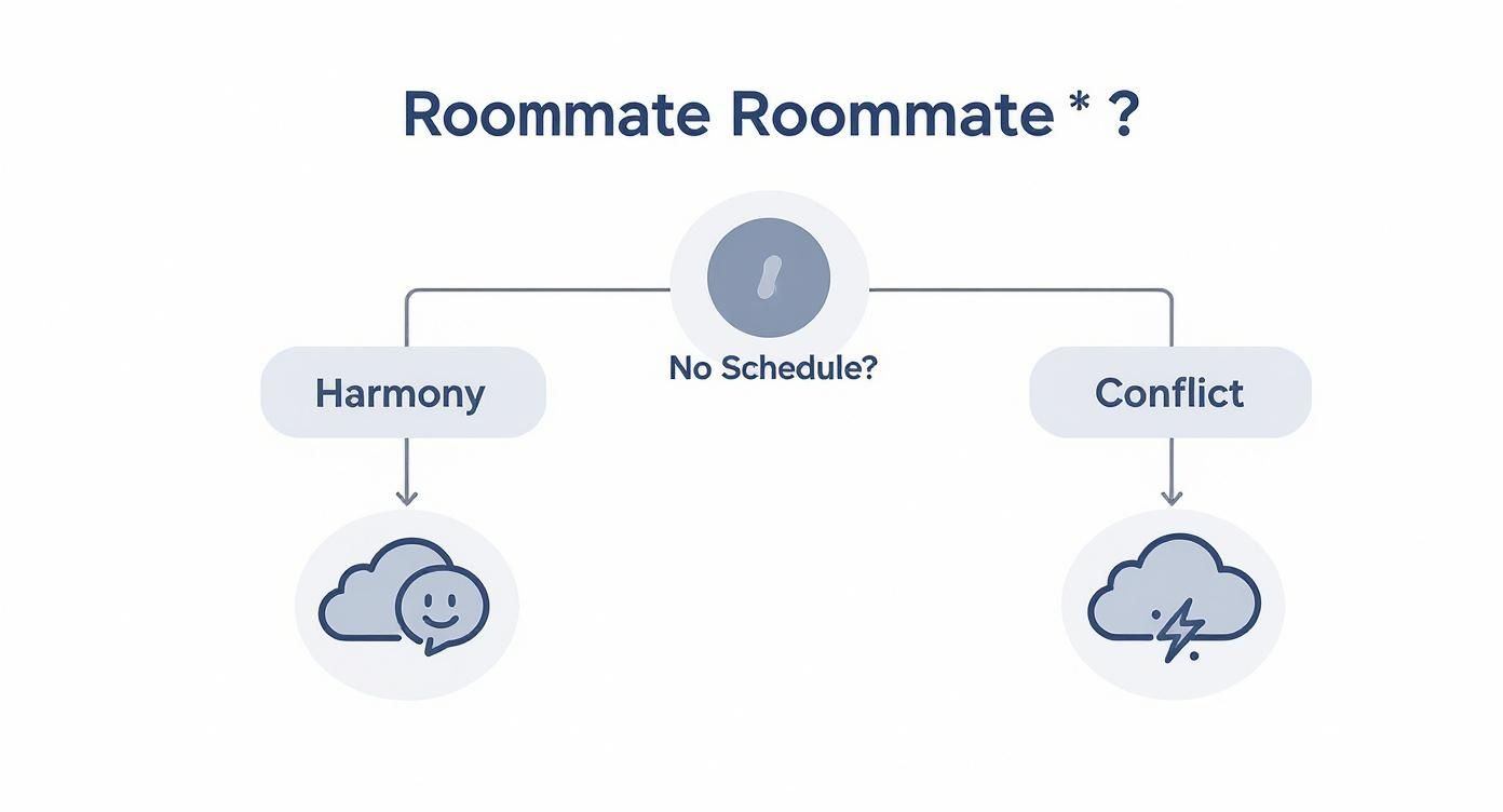 Flowchart showing roommate compatibility outcomes based on schedule alignment, harmony versus conflict scenarios