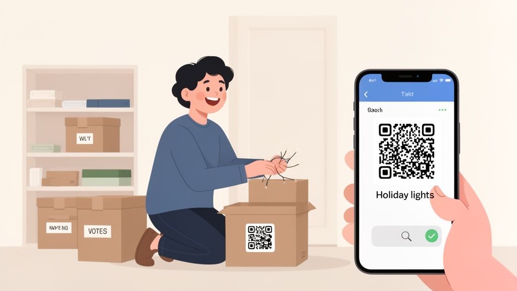 A man organizing labeled boxes, with a smartphone displaying a QR code for 'Holiday lights'.