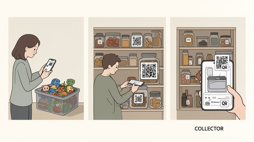 People using phones to scan items with QR codes, demonstrating a digital inventory system for household items.