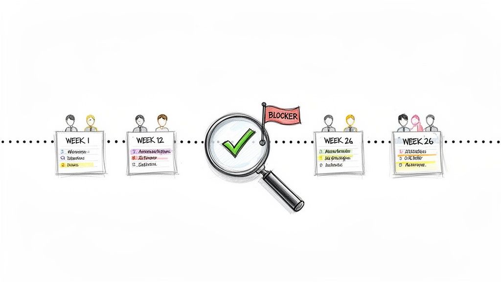 A timeline showing project milestones, tasks, team members, and a blocker identified at a review stage.