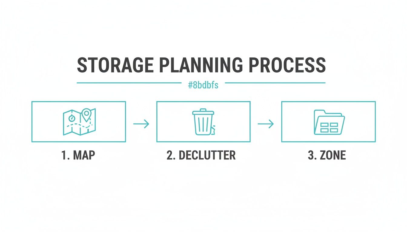 Infographic showing a three-step storage planning process: 1. Map, 2. Declutter, 3. Zone.