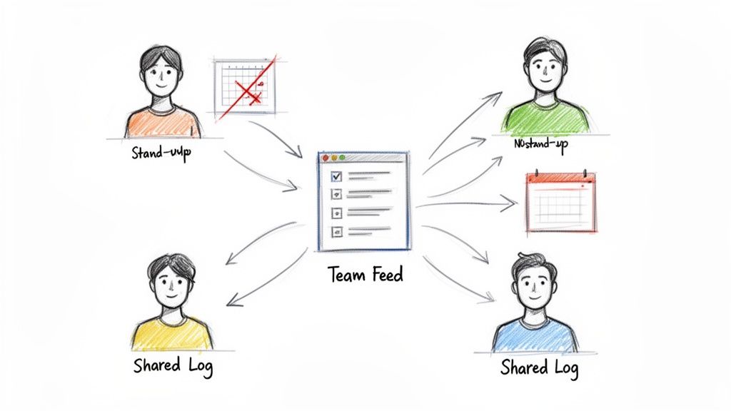 Diagram showing team members interacting with a central 'Team Feed' for stand-ups and shared logs.