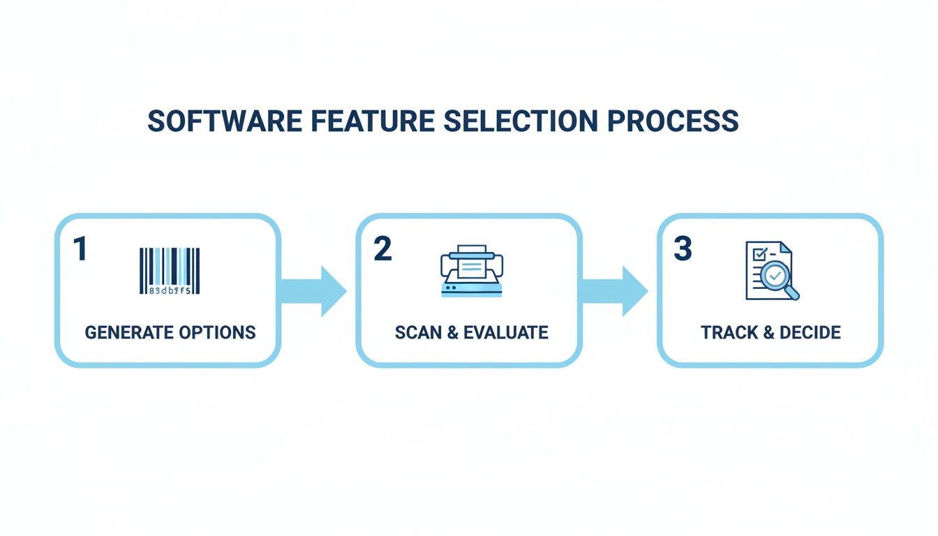Infographic illustrating a three-step software feature selection process: generate, scan, evaluate, track, decide.