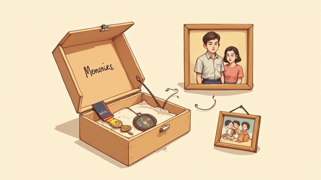 A wooden memory box labeled 'Memories' holds old photos, a medal, and a locket, symbolizing cherished past moments.