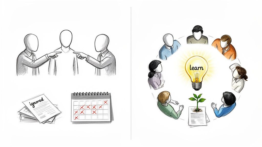 Image contrasting project failure with blame and ignored issues, versus collaborative learning and growth.