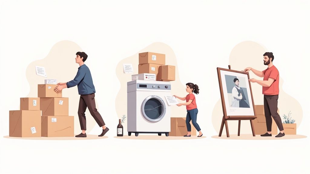 People managing household items: stacking boxes, checking inventory, and hanging a framed picture.