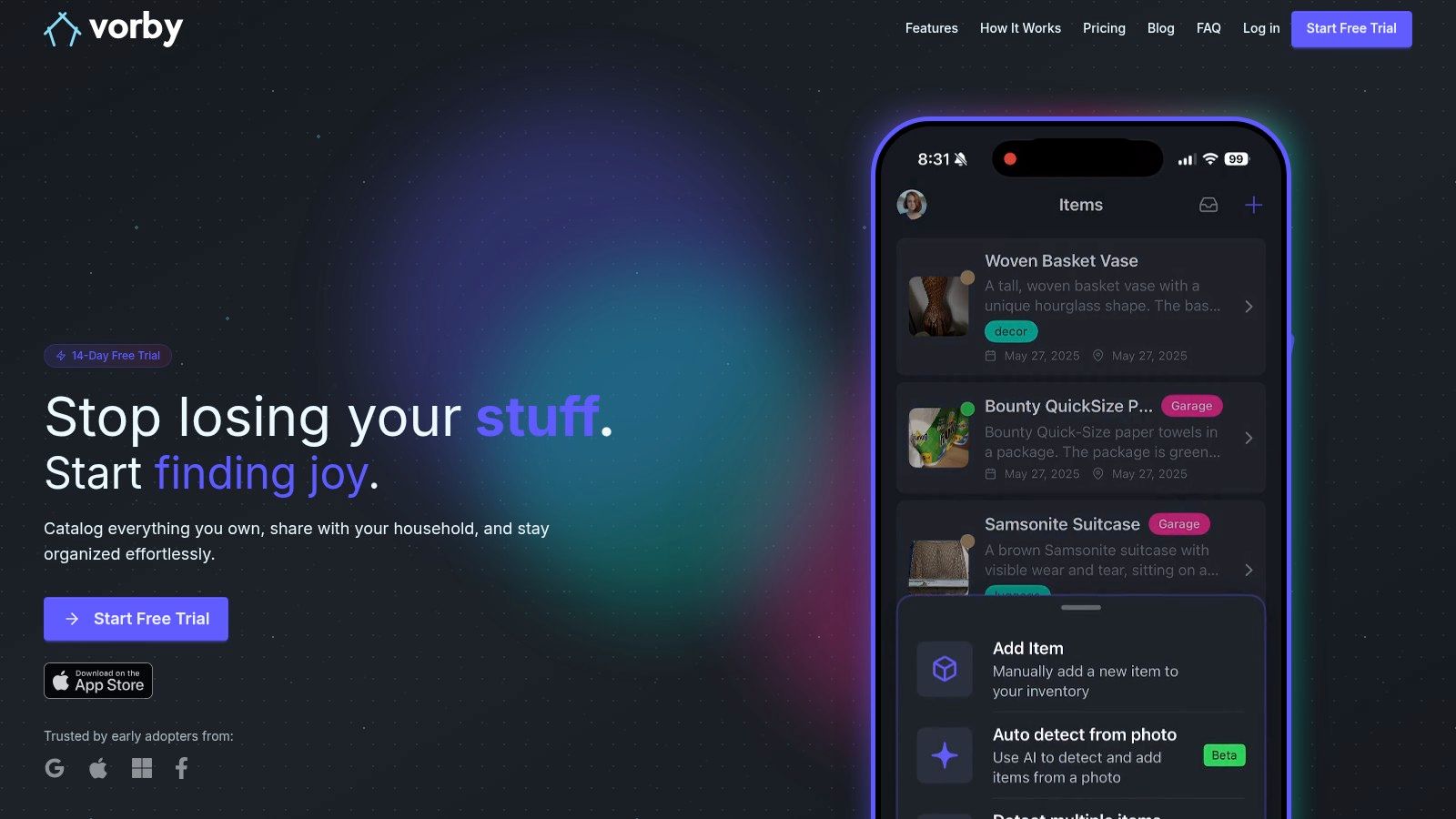 Vorby home inventory app showing items categorized in a living room