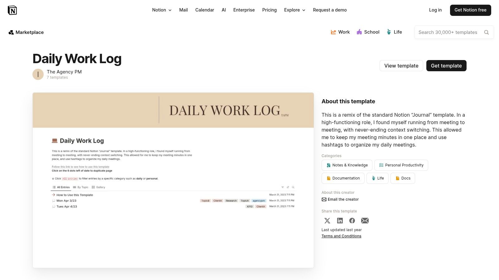 Notion Template Marketplace – Daily Work Log