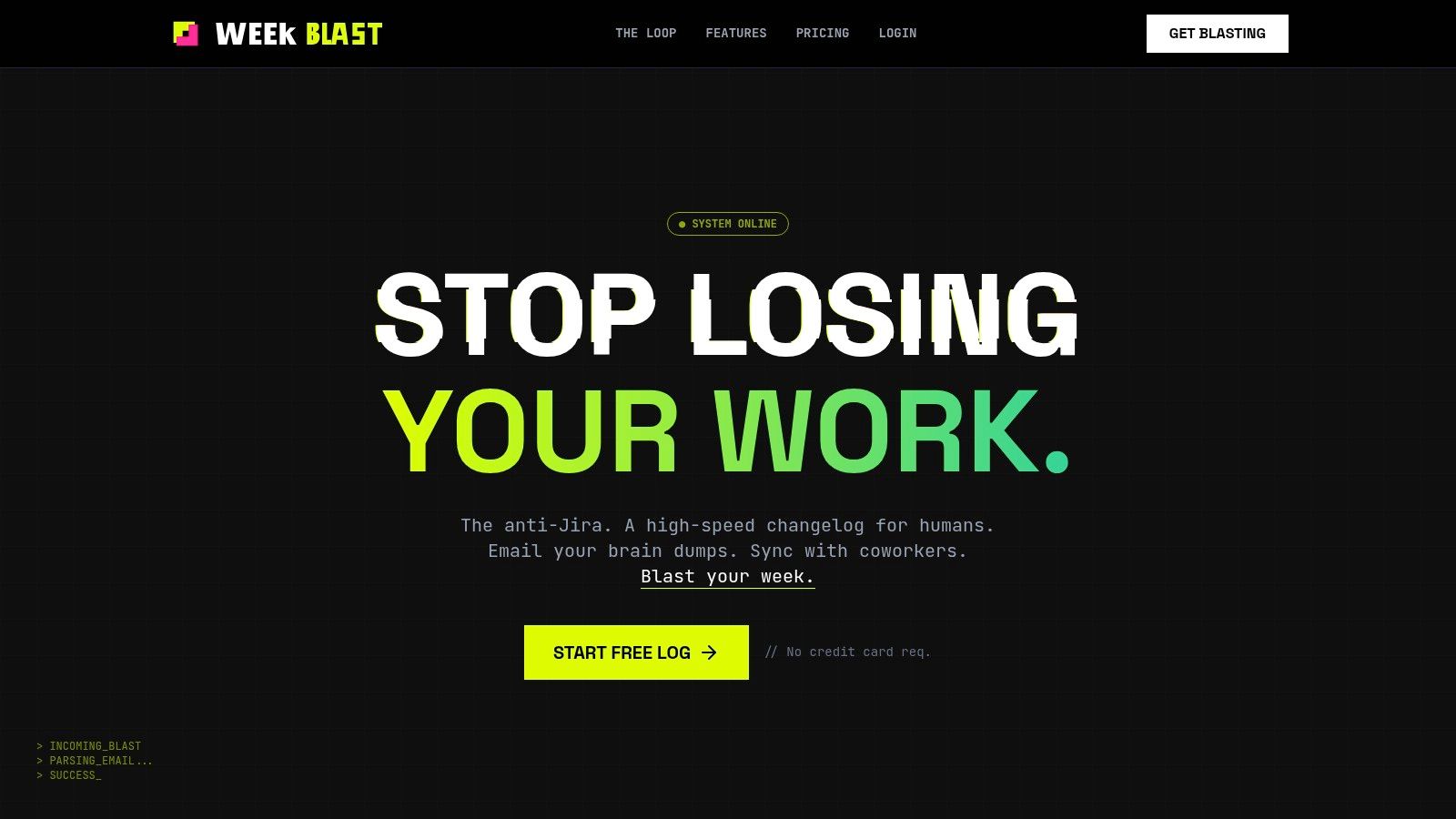 A screenshot of the WeekBlast landing page, showing its clean interface and value proposition for creating a daily work log.