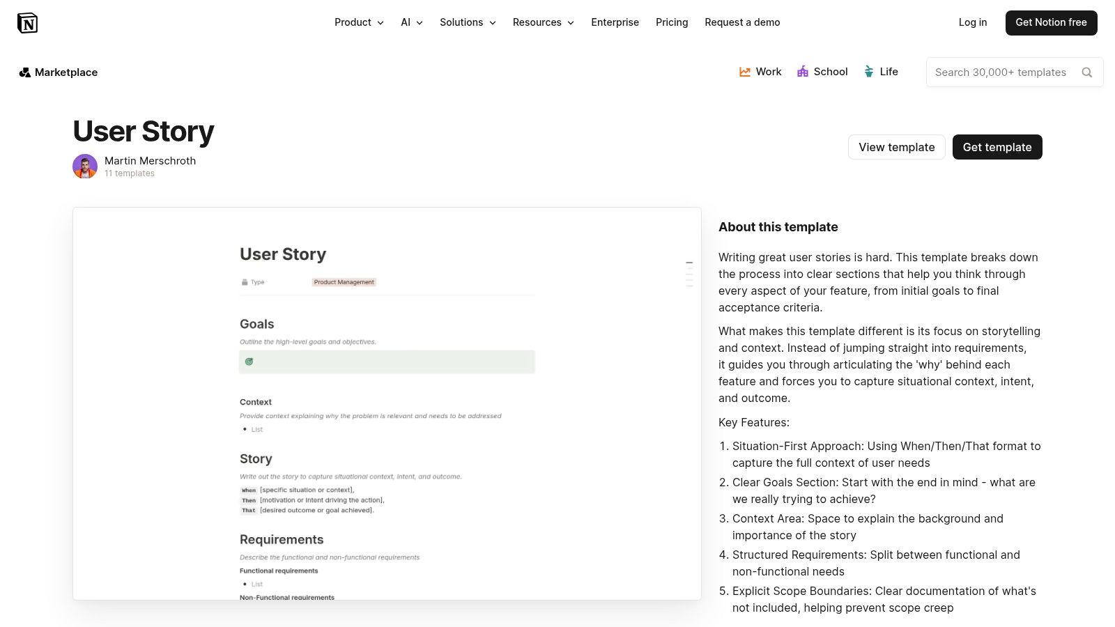 Notion user story template for product management