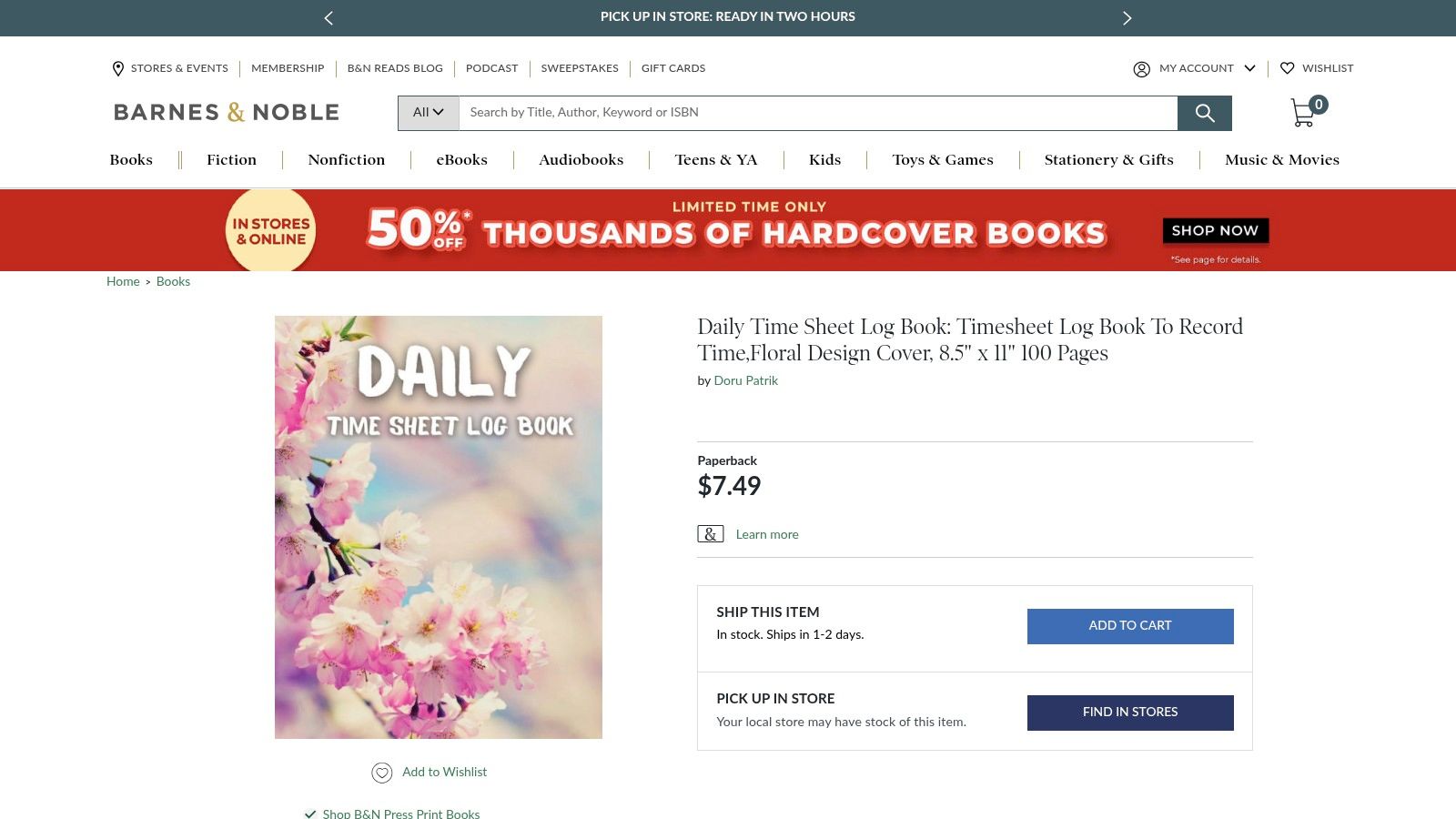 Barnes & Noble – Printed Daily Time/Work Log Books