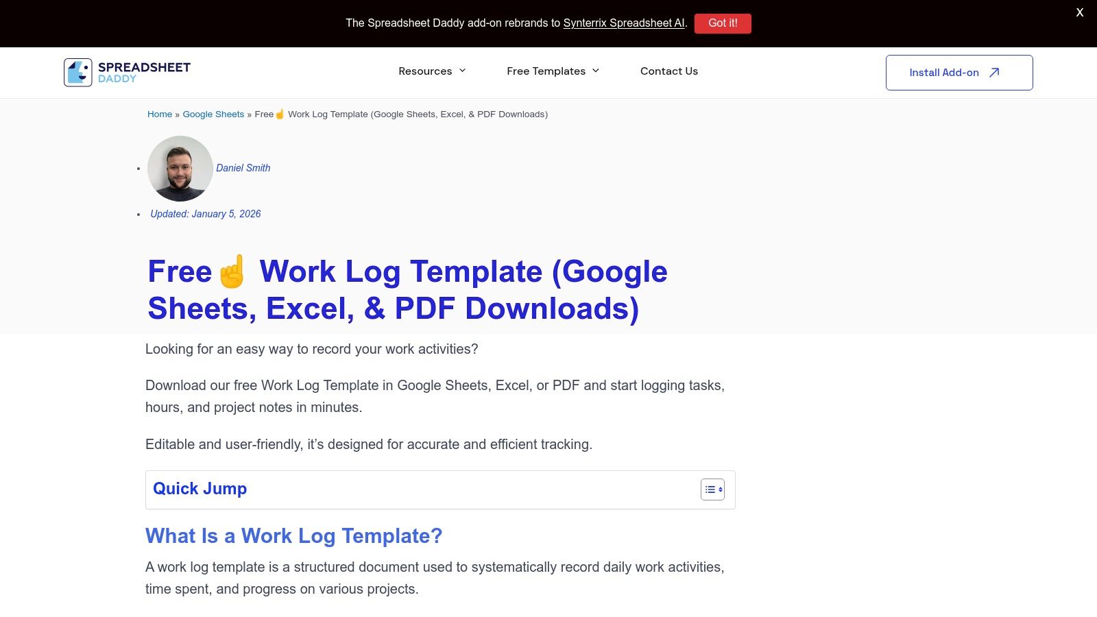 Spreadsheet Daddy – Free Work Log Template