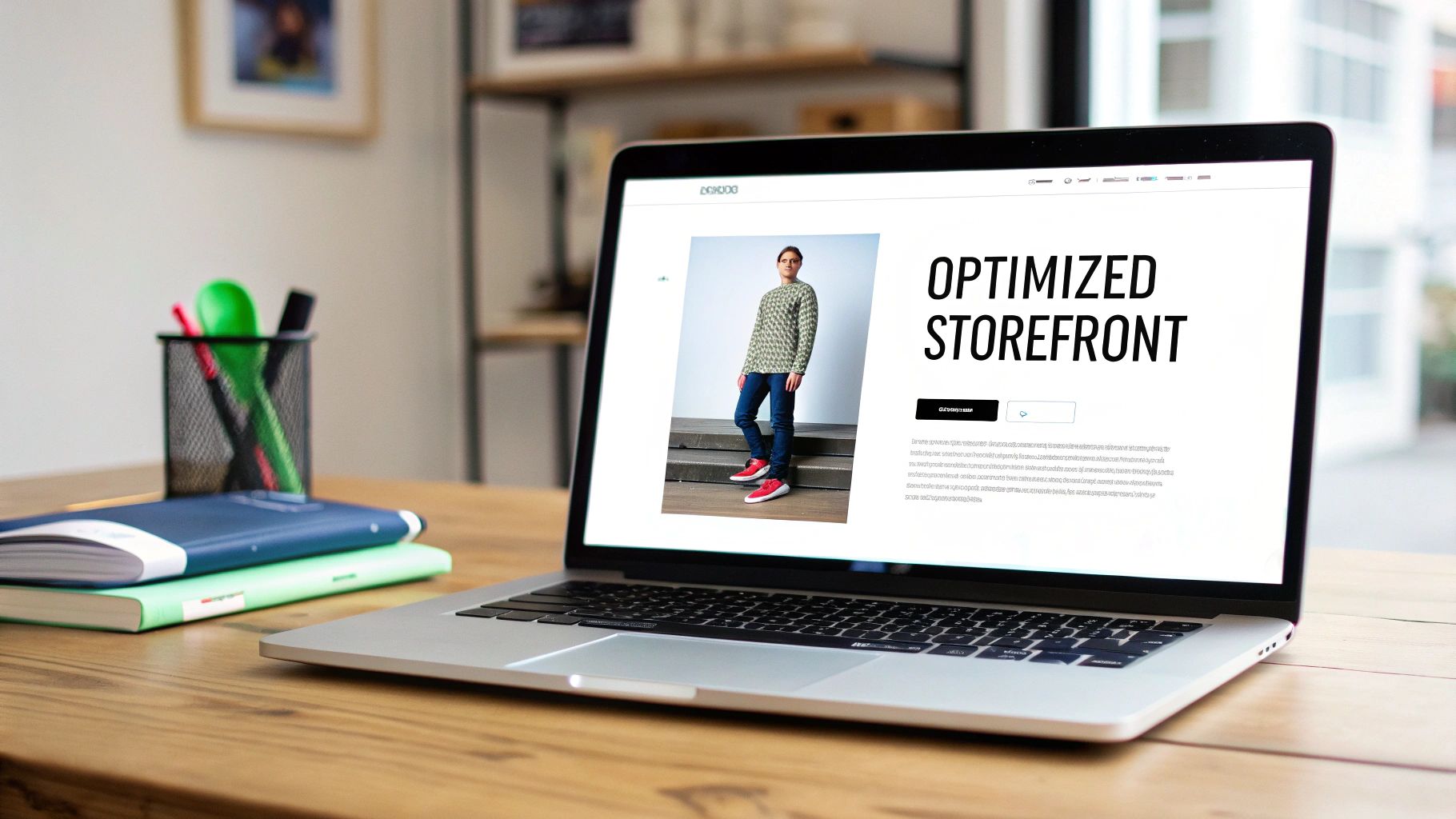 A person optimizing their ecommerce store on a laptop, showing graphs and product images