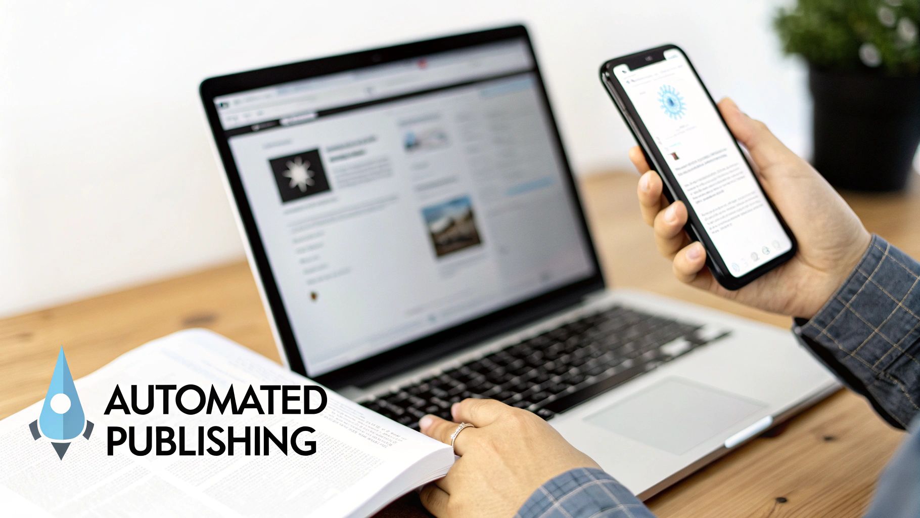 A person working on a laptop with charts and graphs in the background