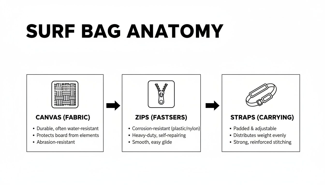 Diagram showing surf bag anatomy: canvas fabric, zippers, and carrying straps with their features.