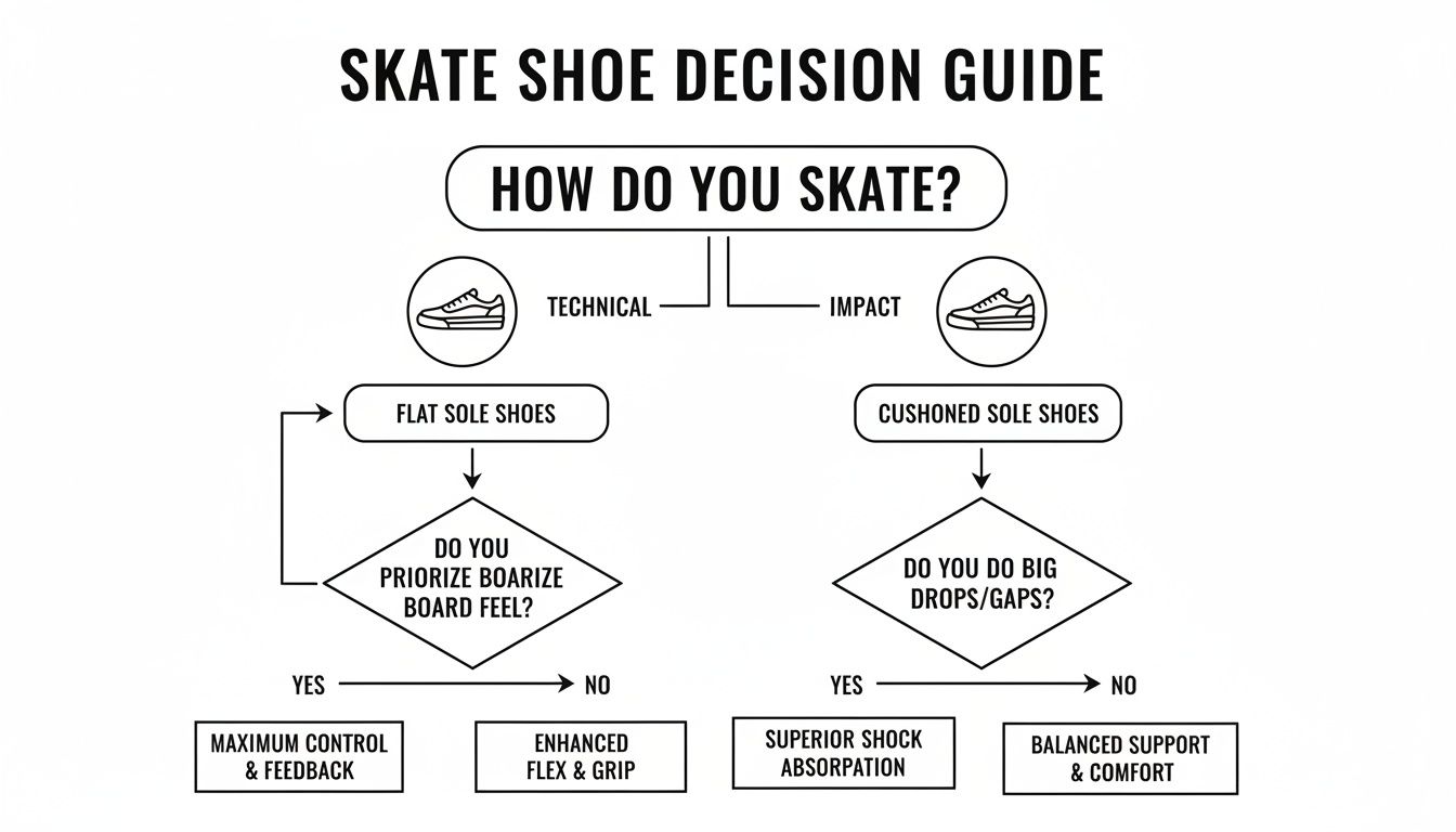 A flowchart guiding skate shoe selection based on skating style and desired features.