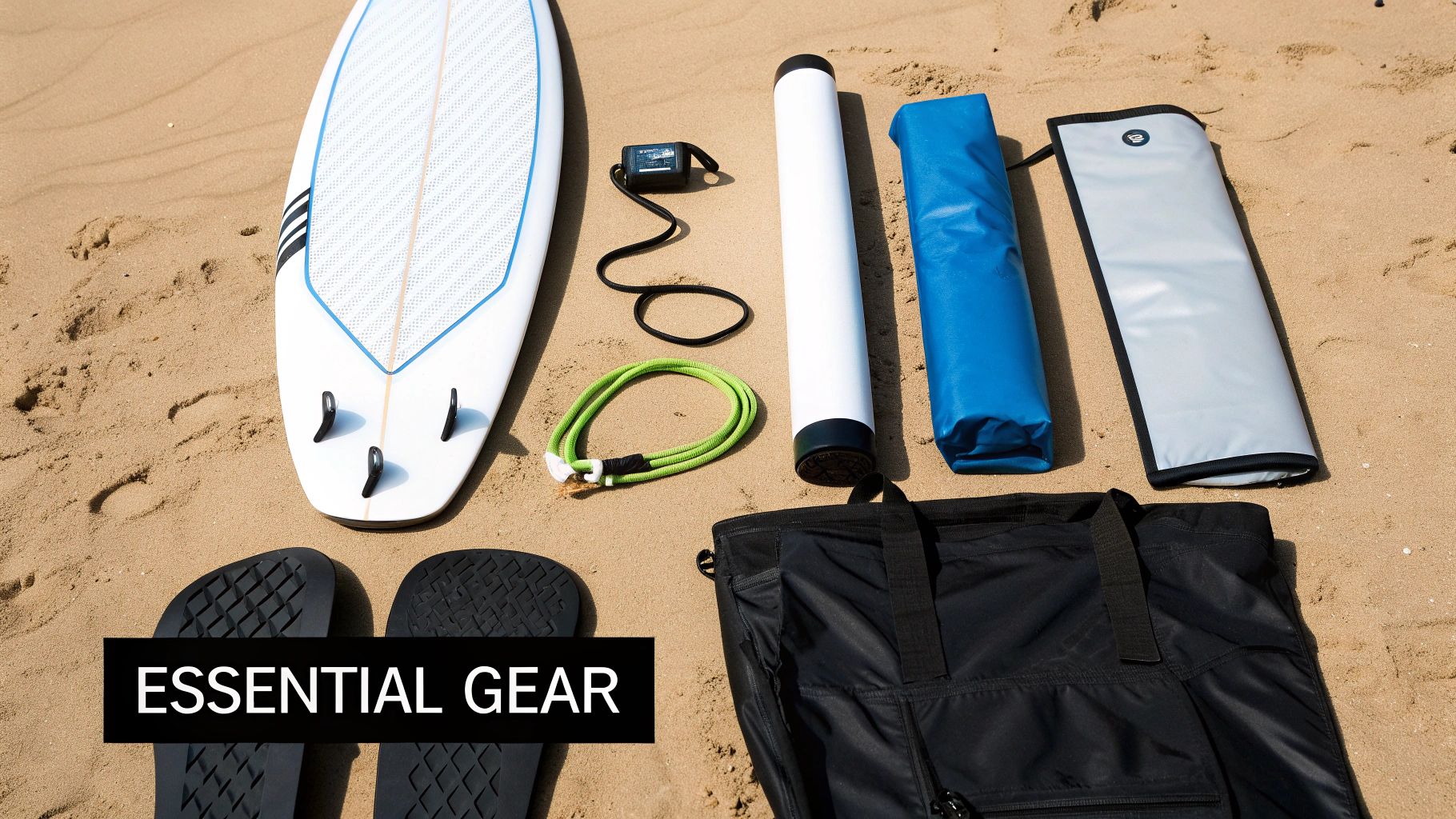 Essential surf gear including a surfboard, sandals, and various bags laid out on sand.
