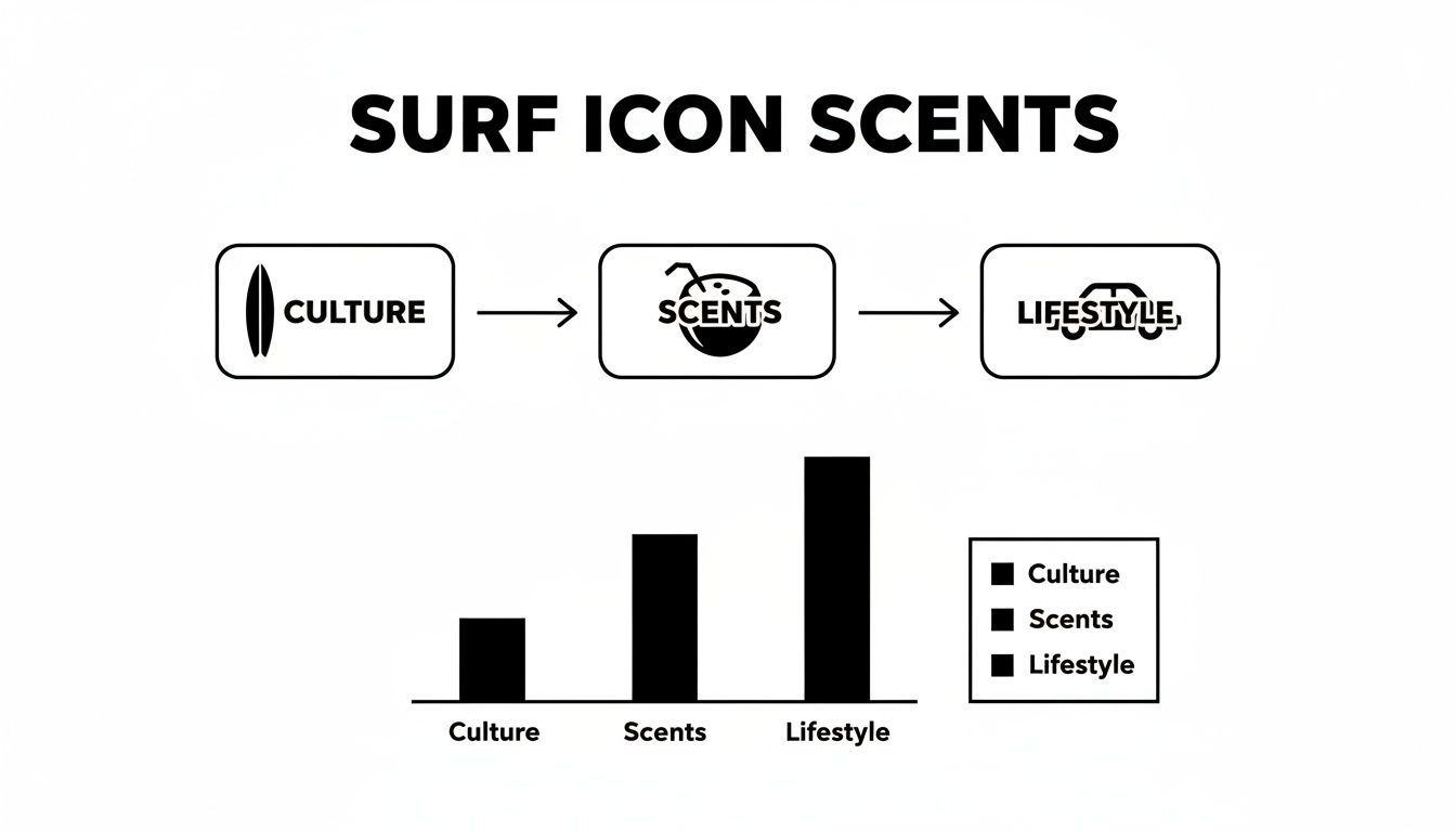 Flowchart and bar chart illustrating the progression from surf culture to scents and lifestyle.