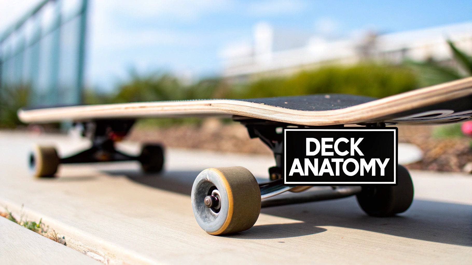 Close-up, low-angle view of a skateboard on concrete with 'DECK ANATOMY' text.
