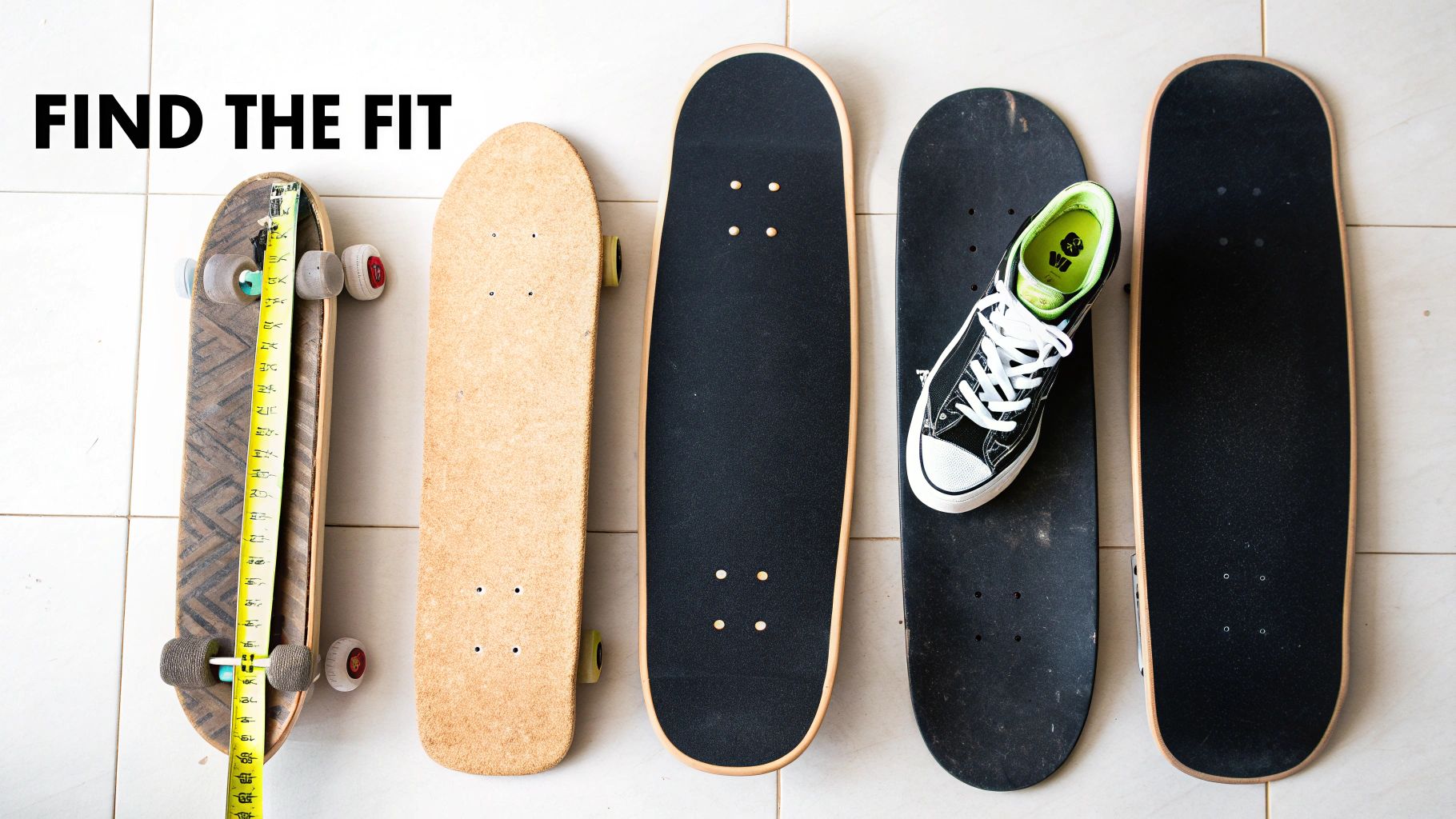 Five diverse skateboards arranged vertically on a tiled floor, one with a measuring tape, another with a sneaker, and text overlay.