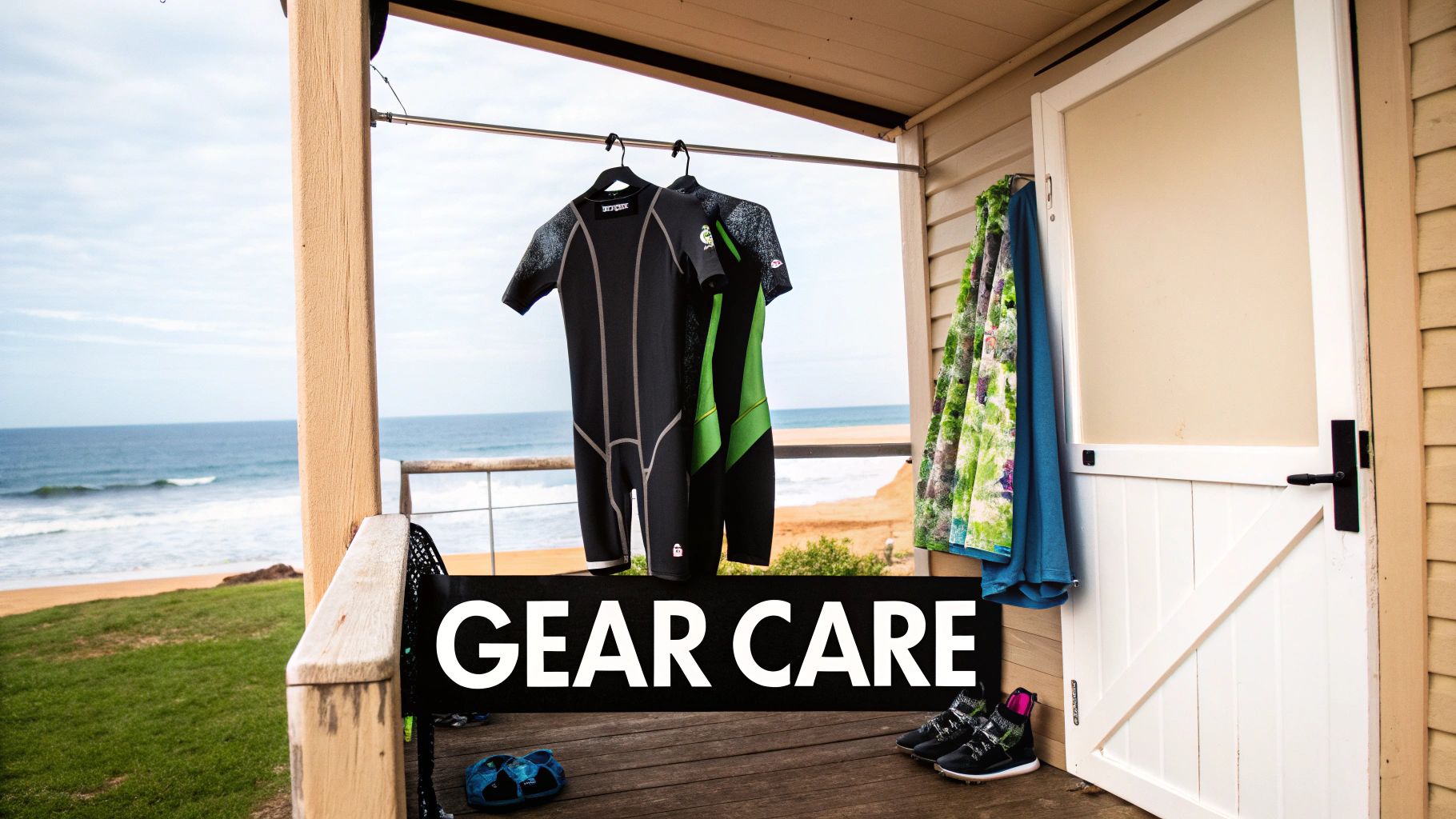 Two wetsuits hang to dry on a balcony overlooking a scenic beach and ocean, emphasizing gear care.