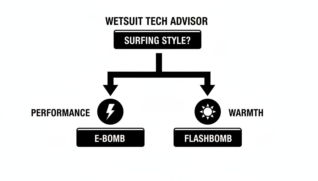 A flowchart for wetsuit selection, guiding surfers to E-Bomb for performance or Flashbomb for warmth.