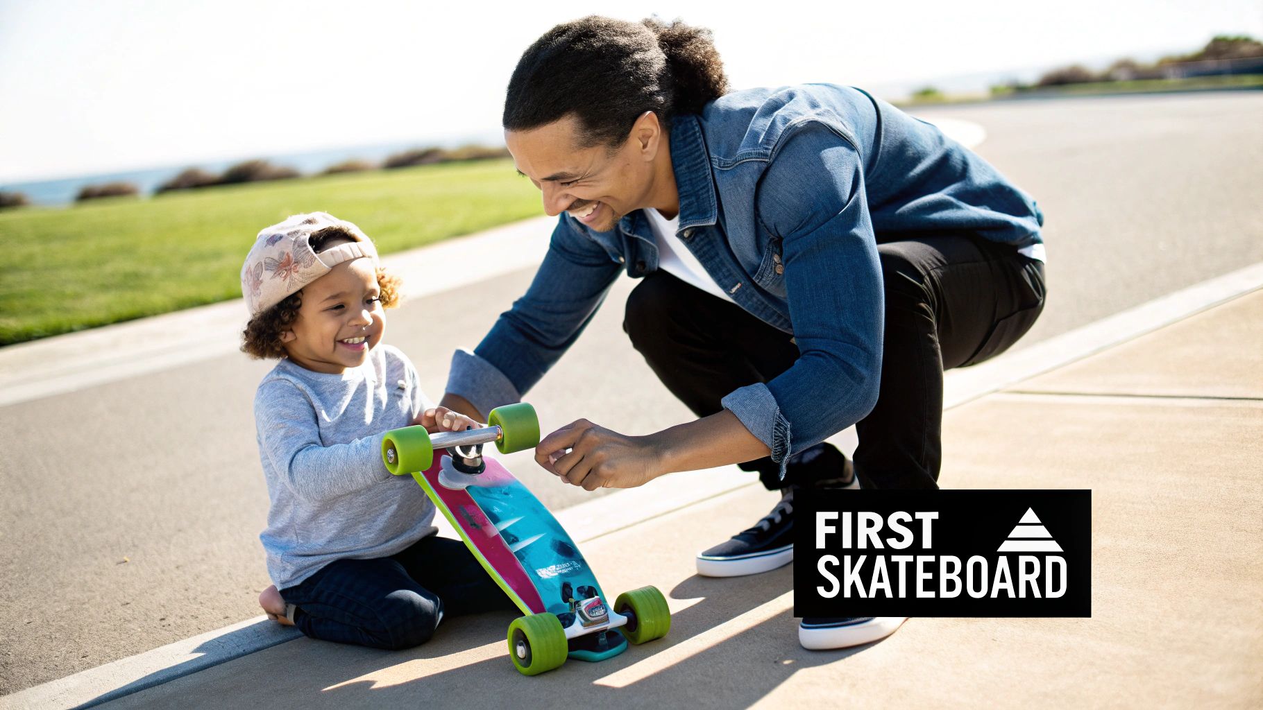 A smiling father helps his young child with curly hair learn to use a colorful skateboard outdoors.