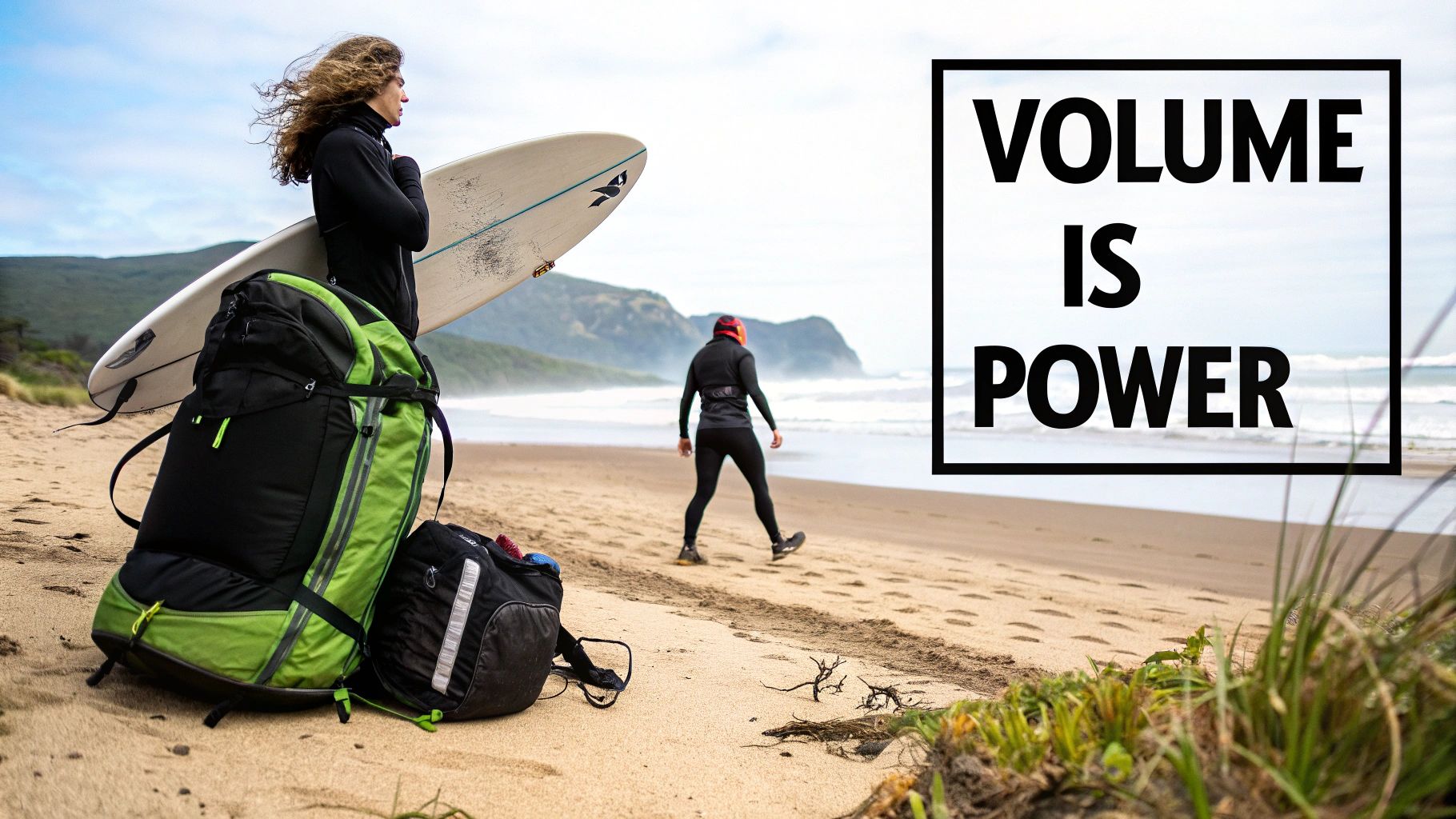 People with surfboard and backpack on a sandy beach, facing the ocean, with 'VOLUME IS POWER' text.