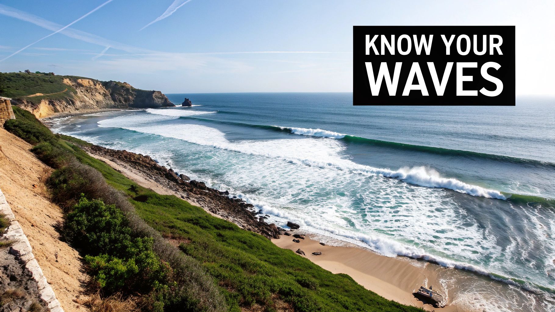 Panoramic view of a stunning coastline with powerful blue waves crashing against a sandy beach and green cliffs under a clear sky.