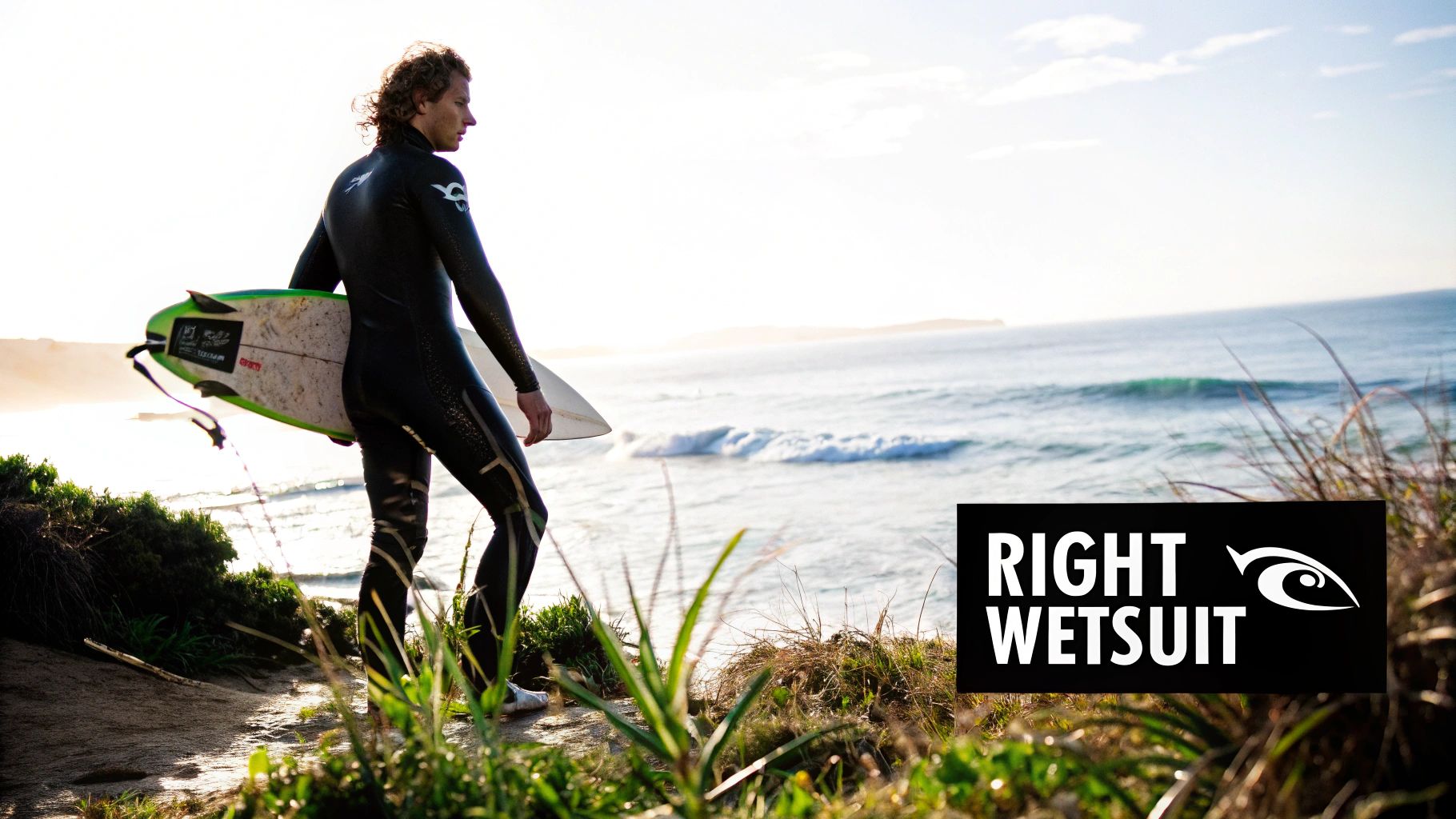 A surfer in a black wetsuit with a surfboard stands on a grassy cliff overlooking the sunny ocean.
