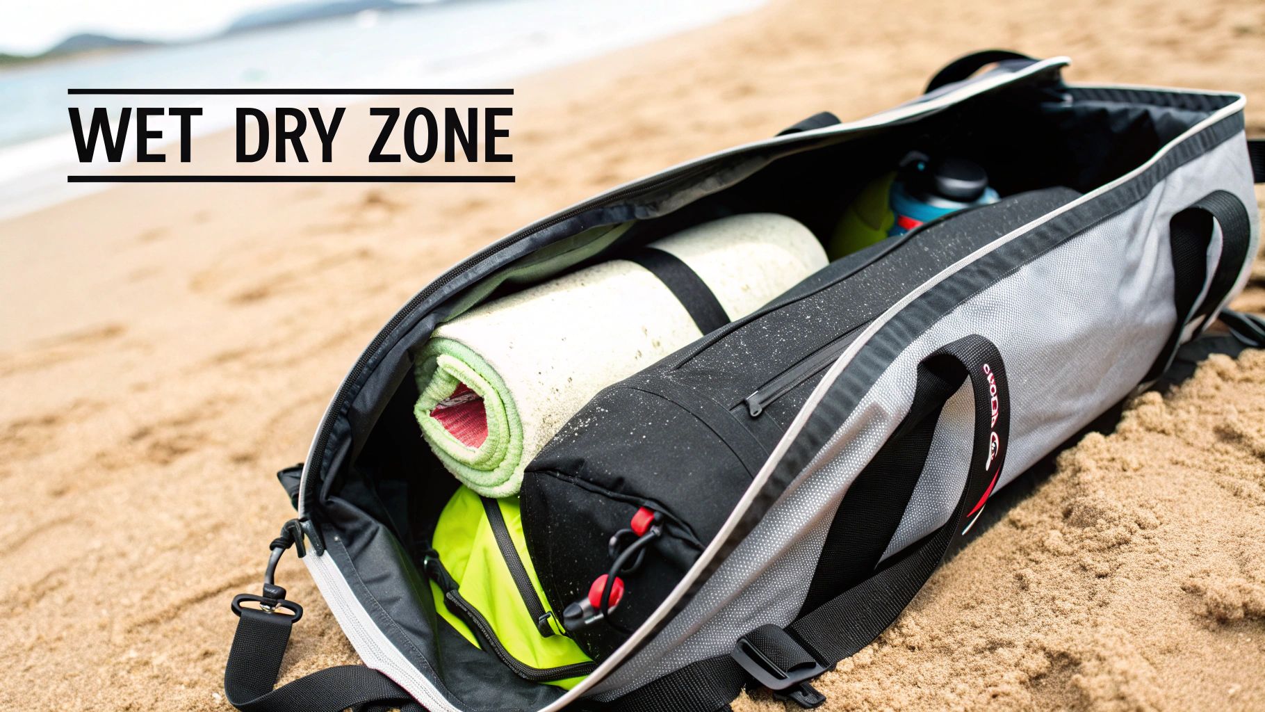 An open grey and black weekender bag on a sandy beach, filled with gear, featuring 'WET DRY ZONE'.