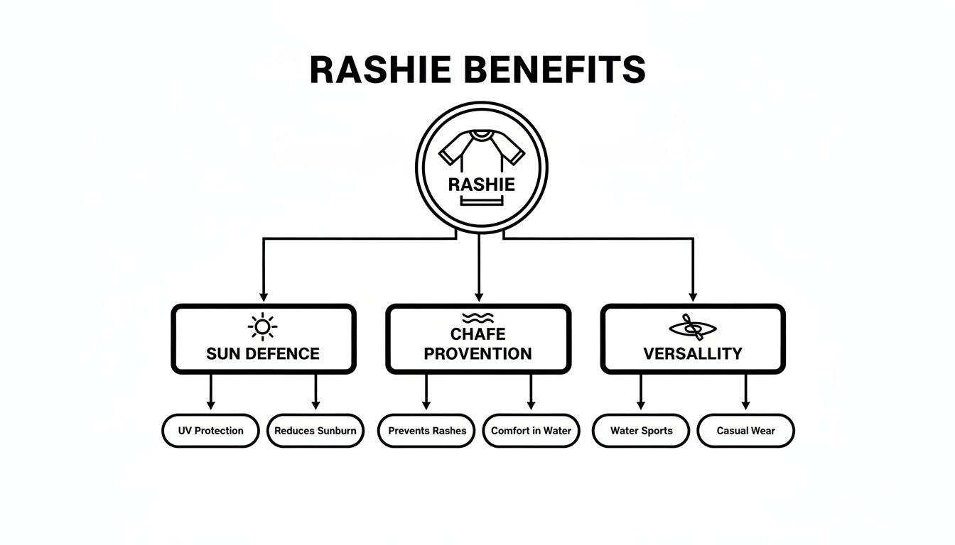 A diagram outlining rashie benefits, including sun defence, chafe prevention, and versatility for water sports and casual wear.