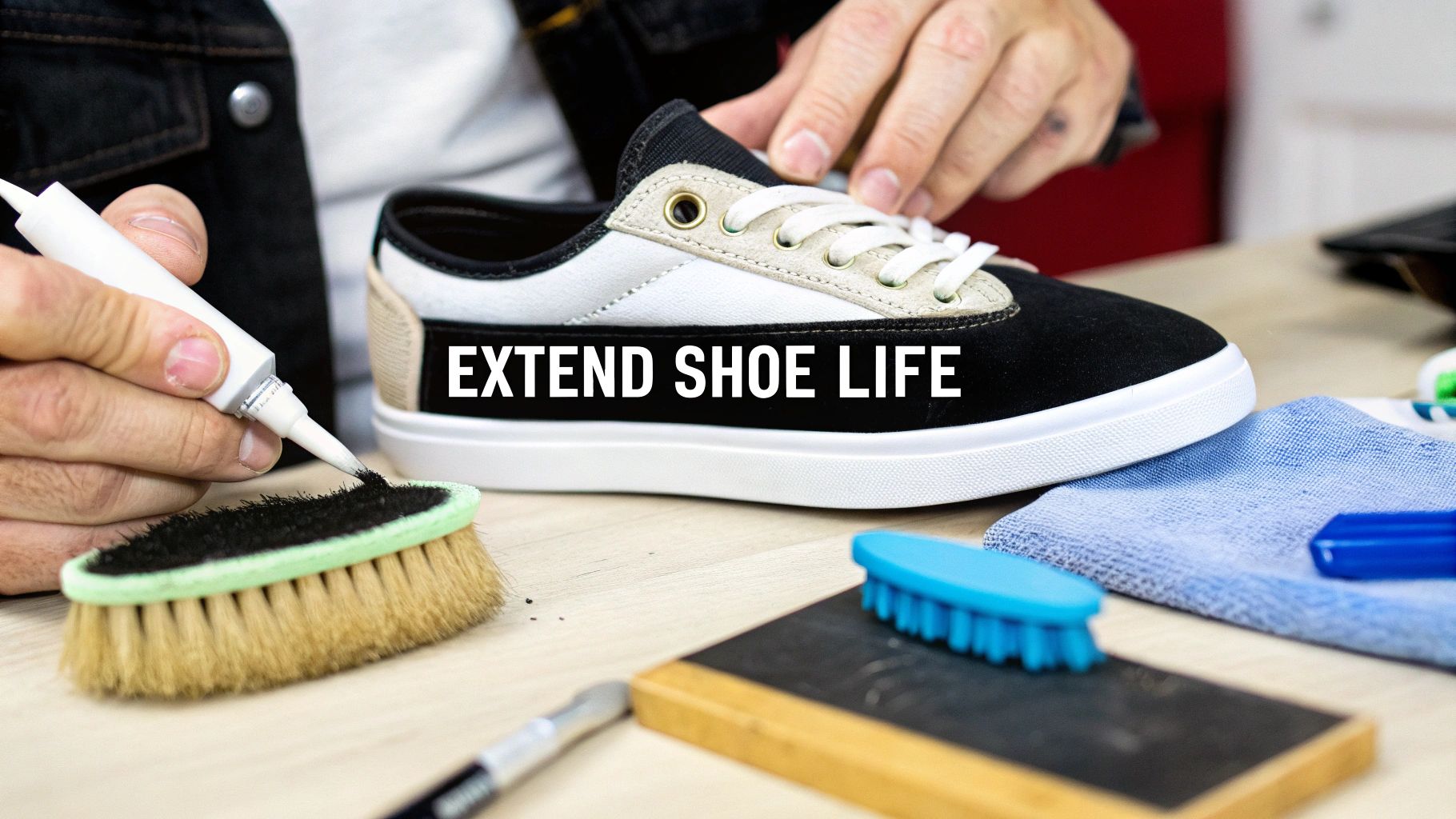 Hands applying shoe protection liquid to a brush, next to a black and white skate shoe for maintenance.