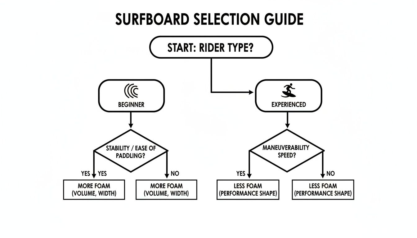 Flowchart guiding surfboard selection based on rider type, desired stability, paddling ease, maneuverability, and speed.