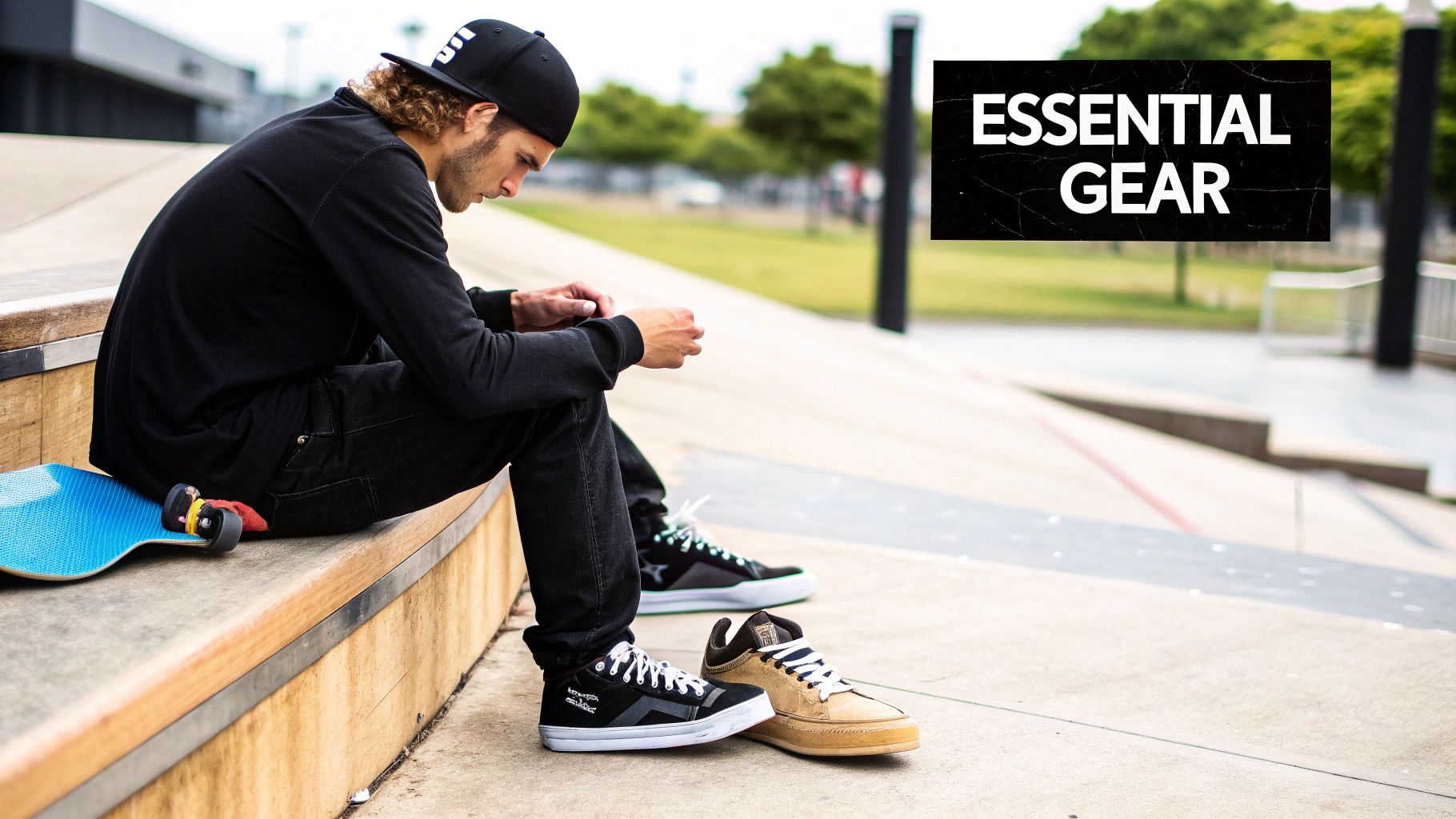 A skateboarder sits on a bench, looking at his hands, next to a blue skateboard and skate shoes.