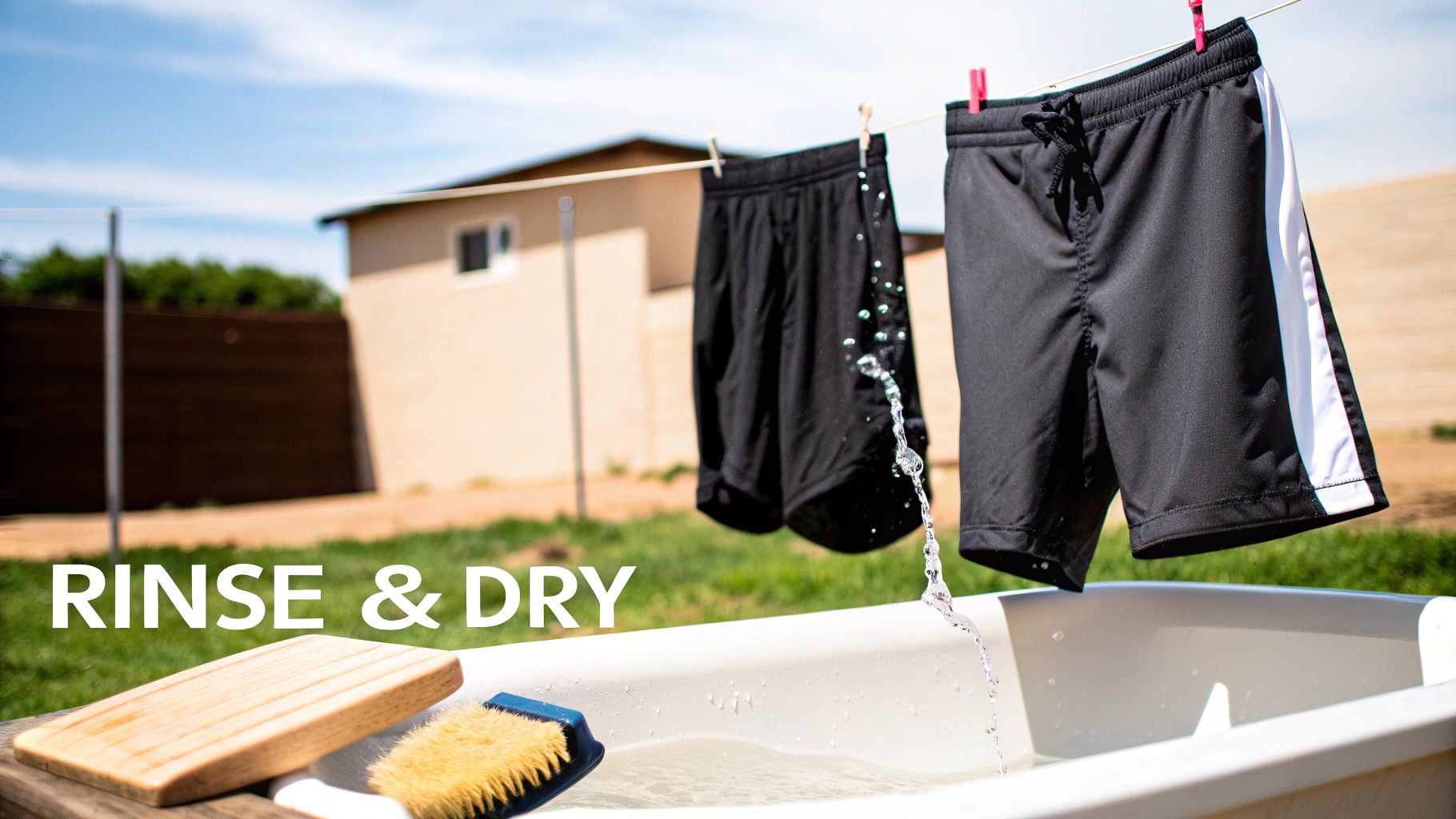 Black athletic shorts drip water into a white tub while drying on an outdoor clothesline.