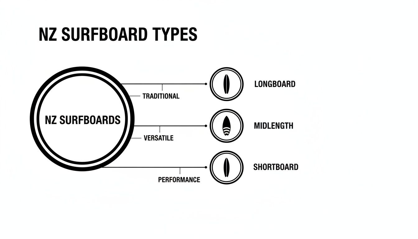 Diagram showing NZ surfboard types: Traditional Longboards, Versatile Midlengths, and Performance Shortboards.