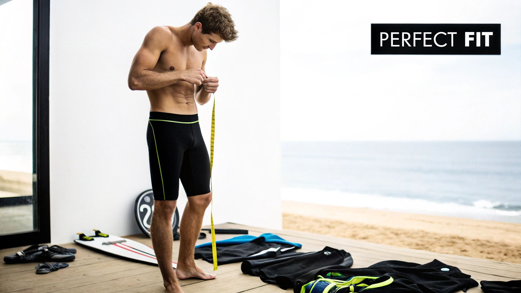 A fit man in black shorts measures his waist with a tape measure by the beach, emphasizing a perfect fit.