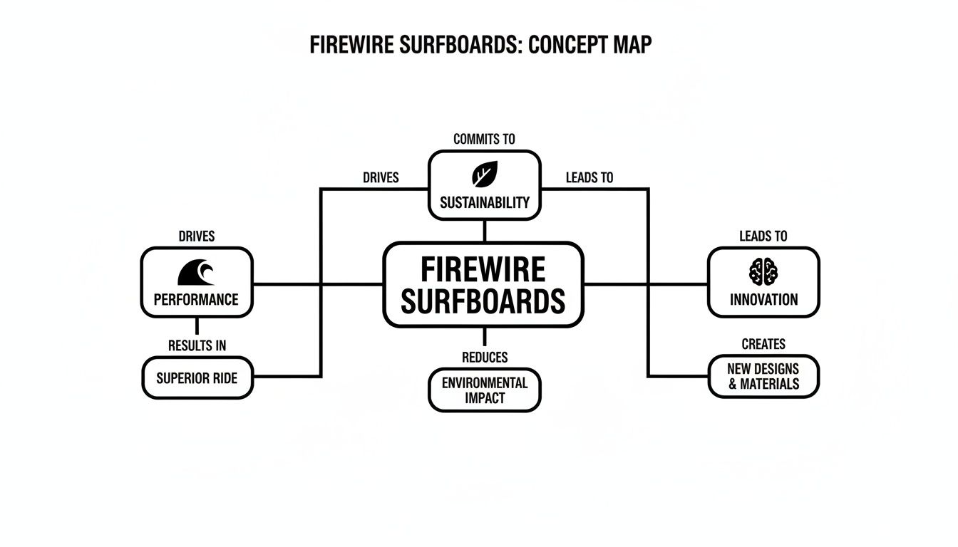 A concept map illustrating Firewire Surfboards' core values: performance, sustainability, and innovation.