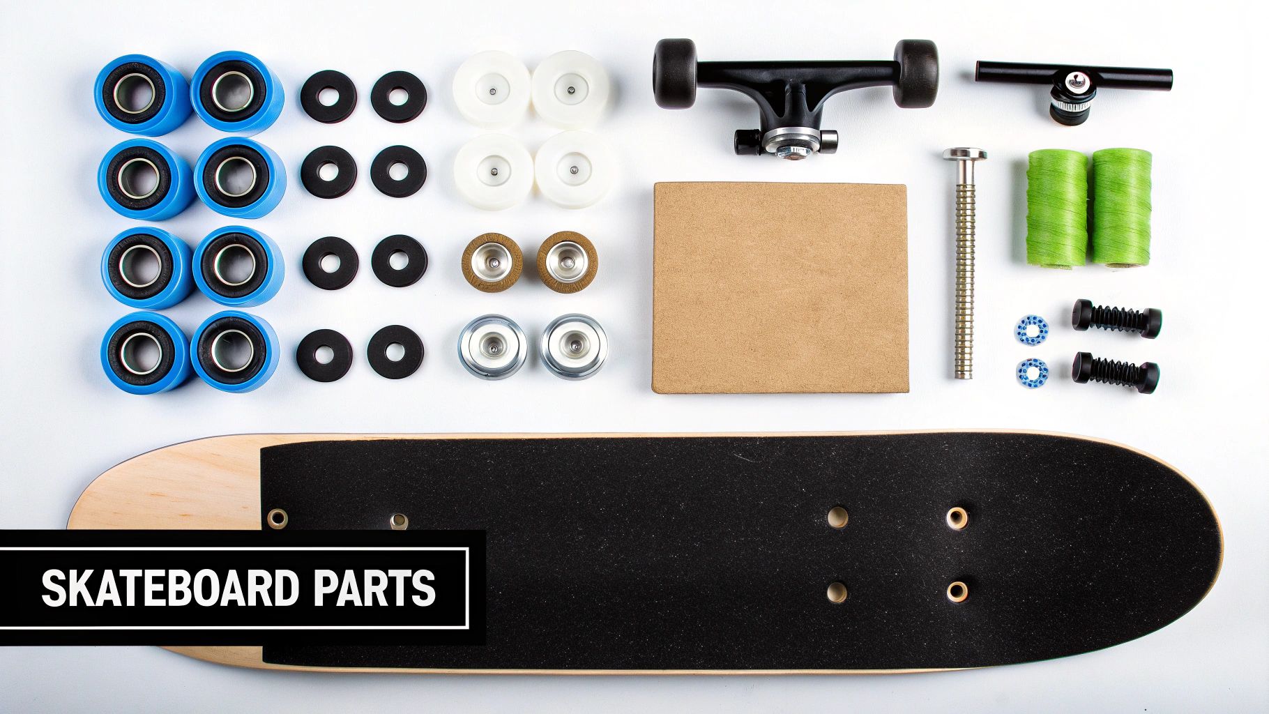 Overhead flat lay of various skateboard parts neatly arranged on a white background, ready for assembly.
