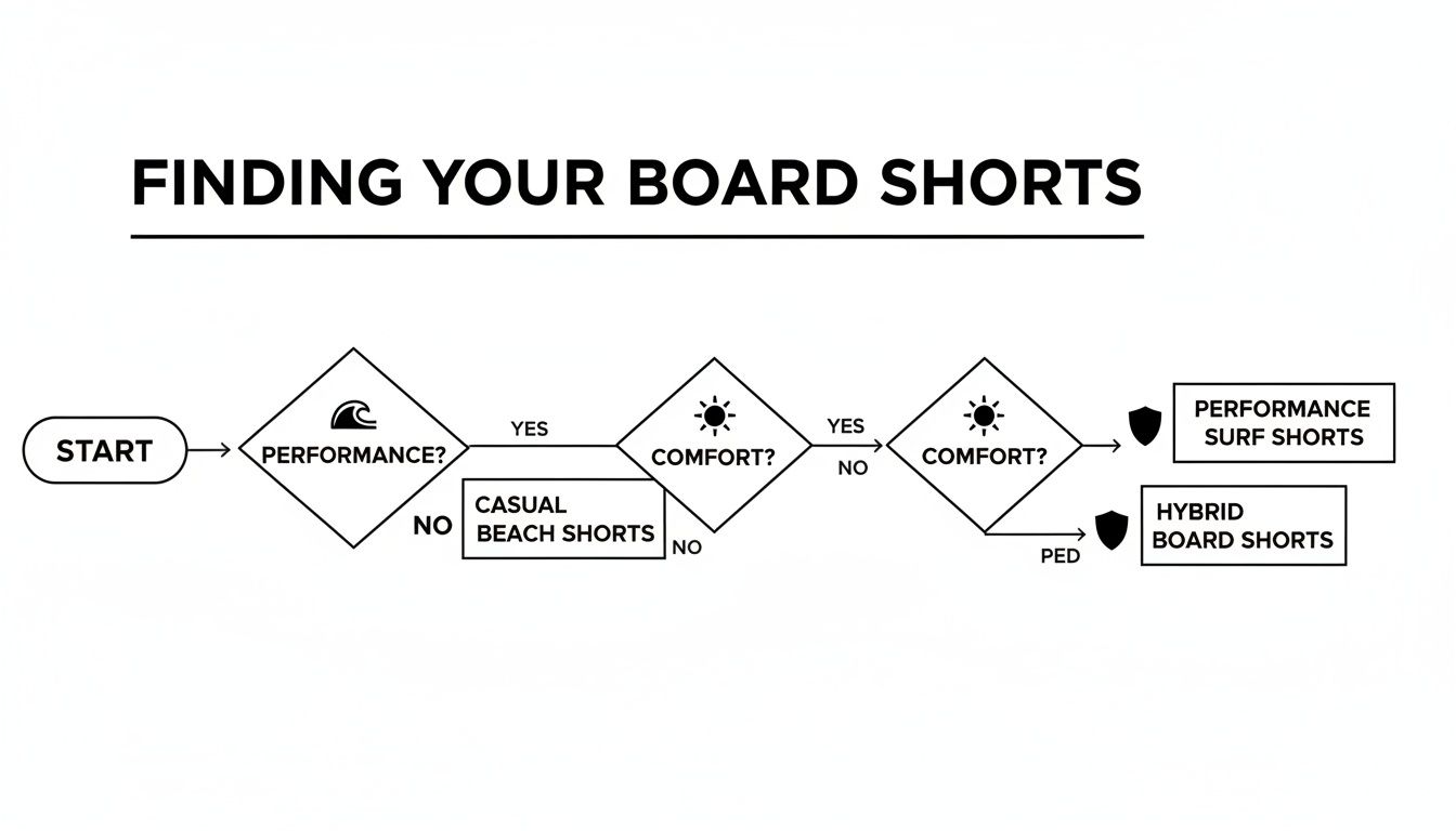 Flowchart diagram guiding the selection of board shorts based on performance and comfort preferences.
