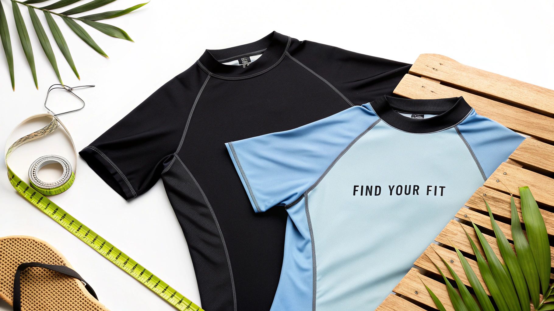 Two rash guards, one black and one blue with 'FIND YOUR FIT,' alongside a measuring tape and tropical leaves.