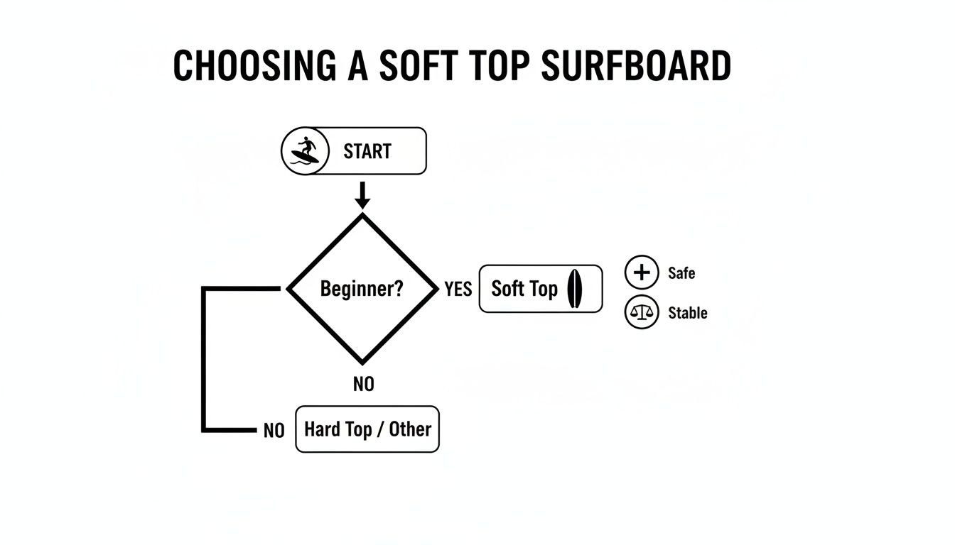 Flowchart guiding surfboard choice: beginners should choose a soft top for safety and stability.