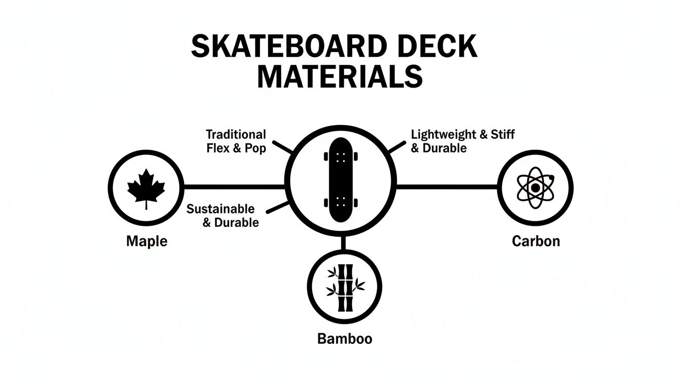 Infographic detailing skateboard deck materials like Maple, Carbon, and Bamboo, with their properties.