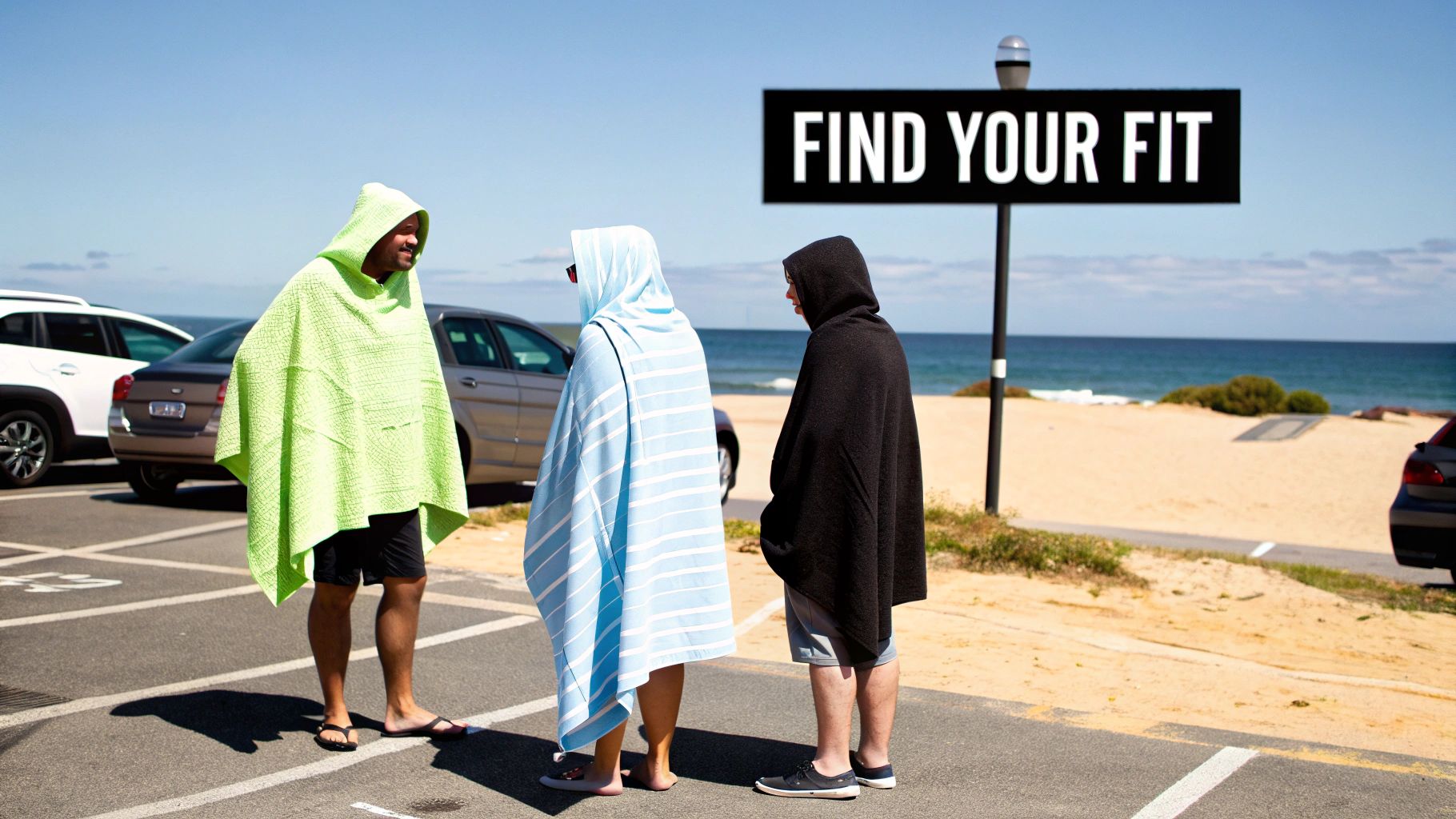 Three people wearing different colored hooded towel ponchos in a sunny beach car park, with an ocean view.