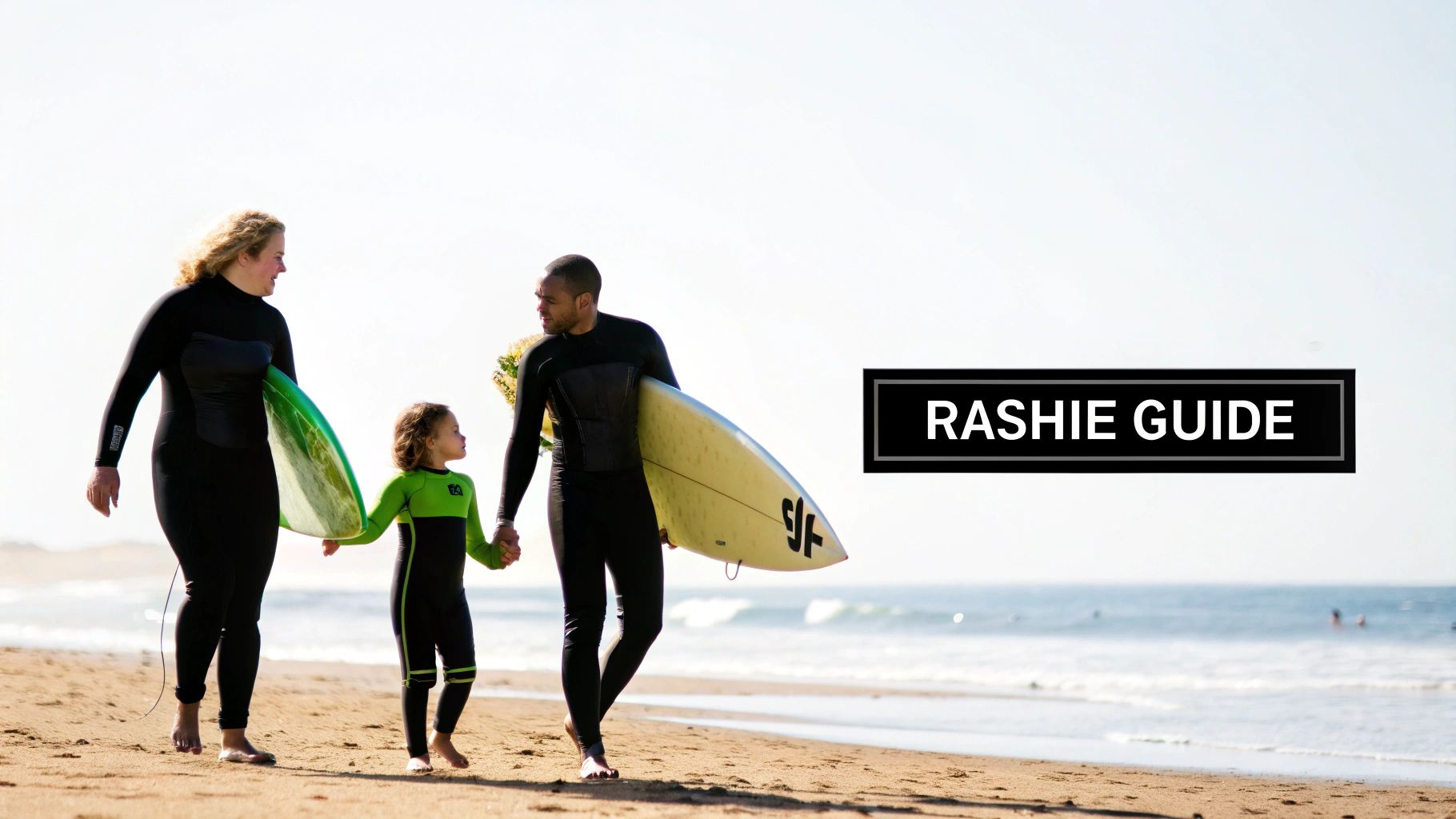 A family in wetsuits walks on a sandy beach, carrying surfboards, with 'RASHIE GUIDE' text.