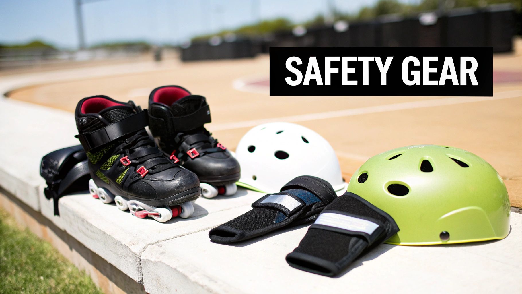 Inline skates, two helmets, and protective gear sit on a concrete ledge, with 'SAFETY GEAR' text.