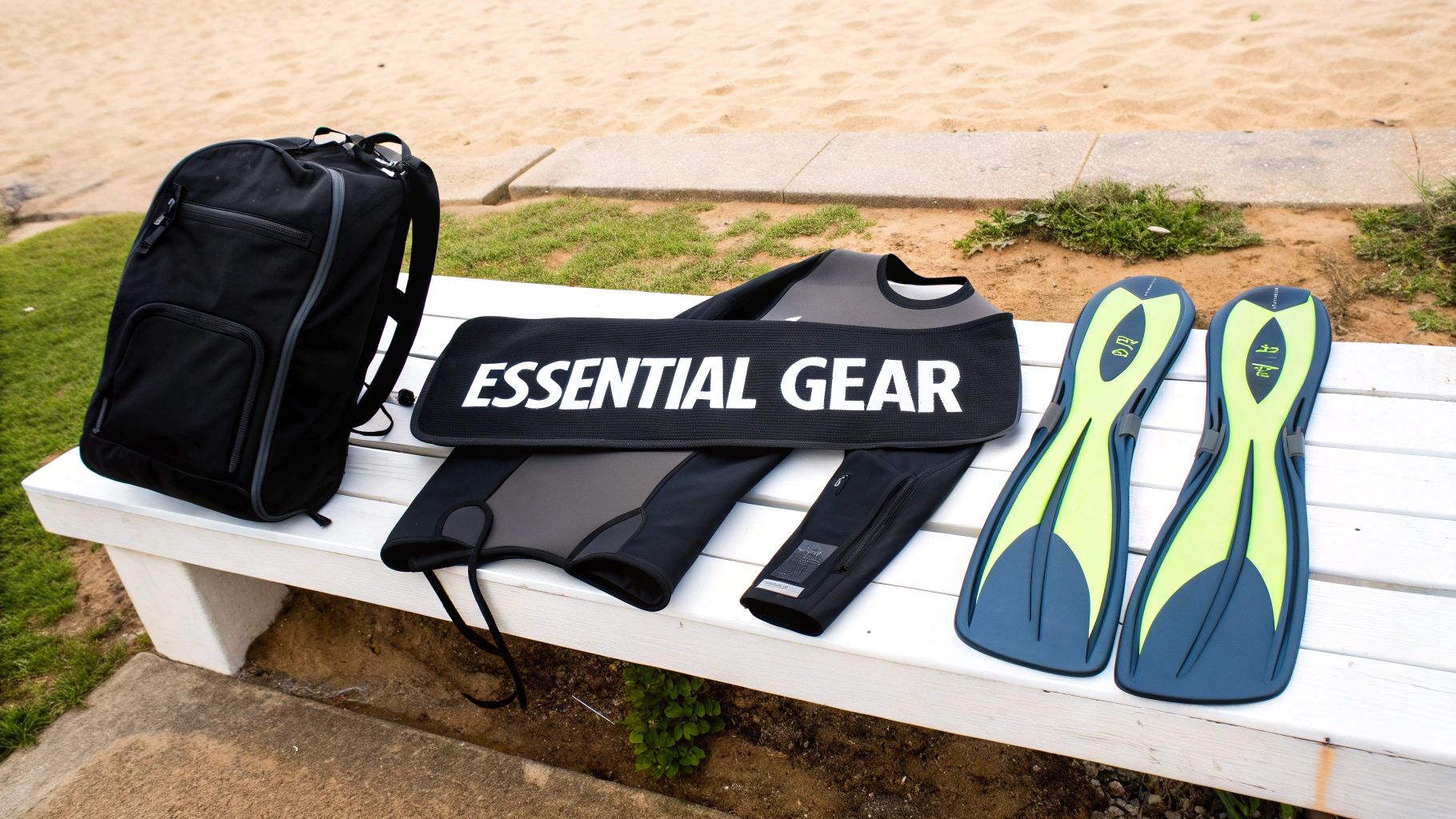Essential gear for water sports: a black backpack, wetsuit, and fins laid out on a bench.